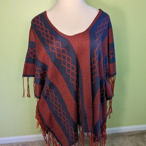 Mittoshop BOHO Fringed Poncho Shawl Navy Blue & Rust Large